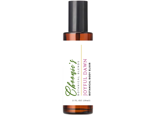 Bottle of 'Joyful Dawn' botanical body elixir with a white background
